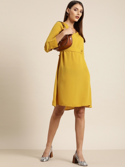 

her by invictus Women Mustard Yellow Solid A-Line Dress