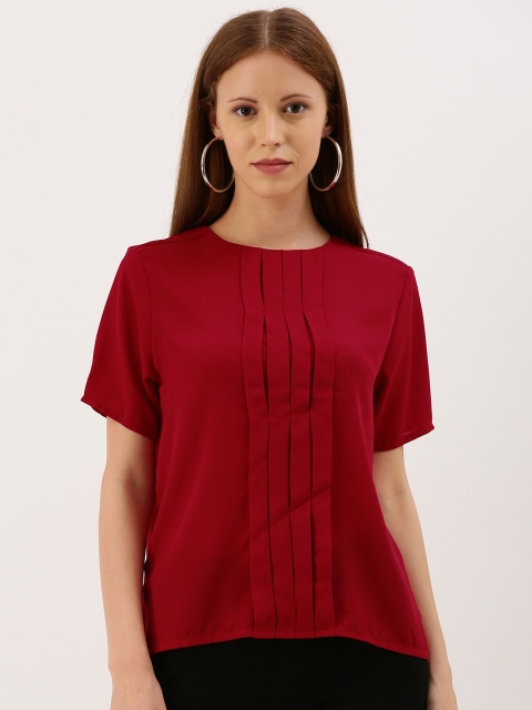 

her by invictus Women Maroon Solid Regular Top with Pleated Detail