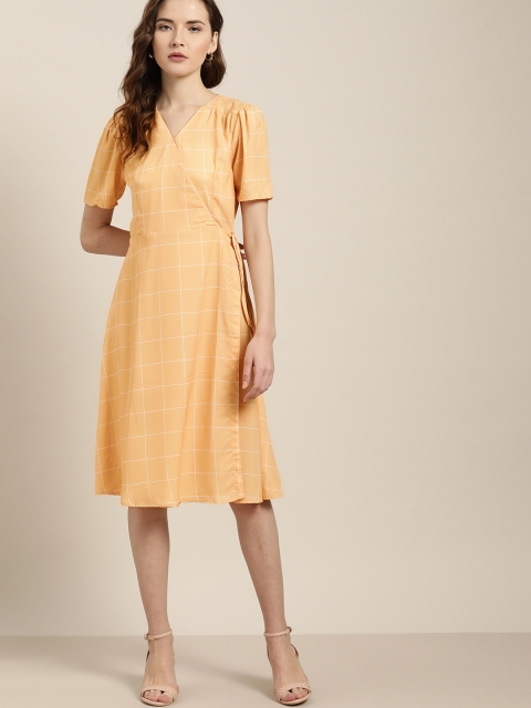 

her by invictus Women Yellow & White Checked Wrap Dress