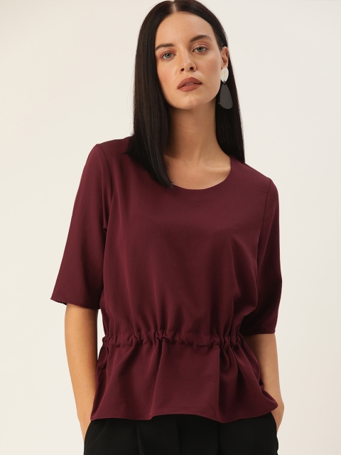 

her by invictus Women Burgundy Solid Cinched Waist Top with Gathered Detail