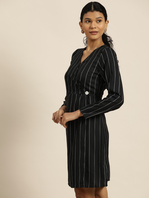 

her by invictus Women Black & White Striped Wrap Dress