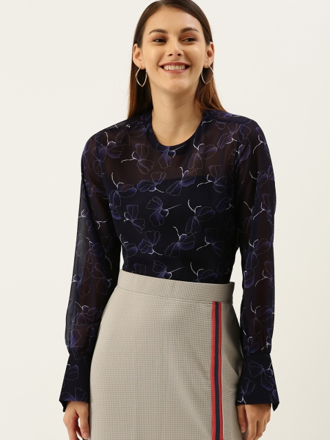 

her by invictus Women Navy Blue & White Printed Semi-Sheer Regular Top