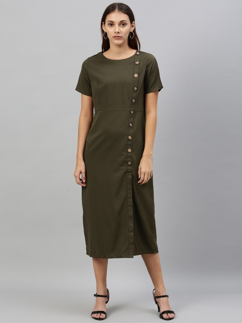 

her by invictus Women Olive Green Solid A-Line Dress
