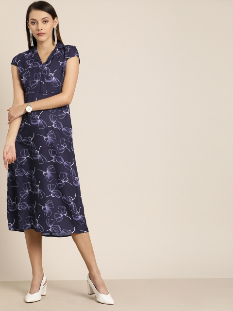 

her by invictus Women Navy Blue Floral Printed A-Line Dress