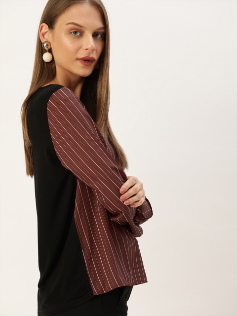 

her by invictus Women Maroon & Black Striped Knitted & Woven Top