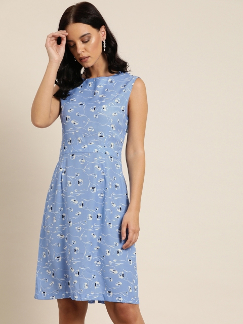 

her by invictus Women Blue & White Floral Printed Fit and Flare Dress