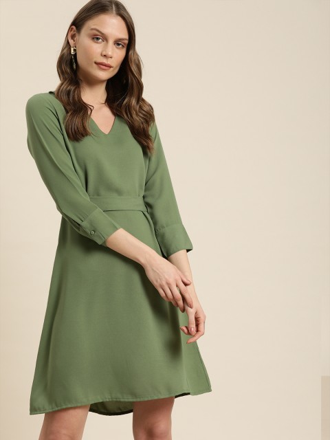 

her by invictus Women Olive Green Solid A-Line Dress