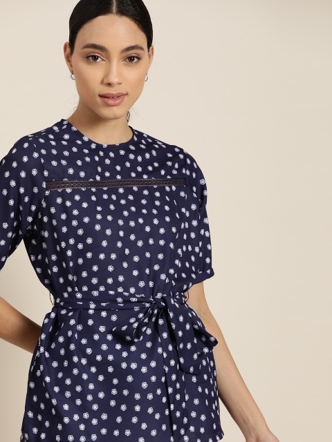 

her by invictus Women Navy Blue & White Floral Print Cinched Waist Top