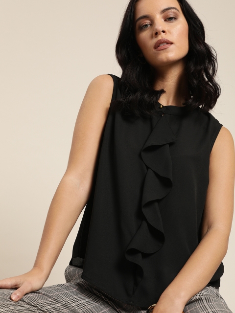 

her by invictus Women Black Solid Regular Top with Ruffles Detail