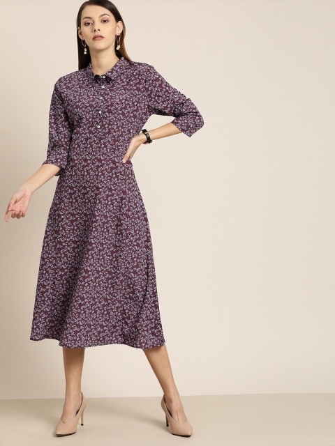 

her by invictus Women Maroon Printed Fit and Flare Dress