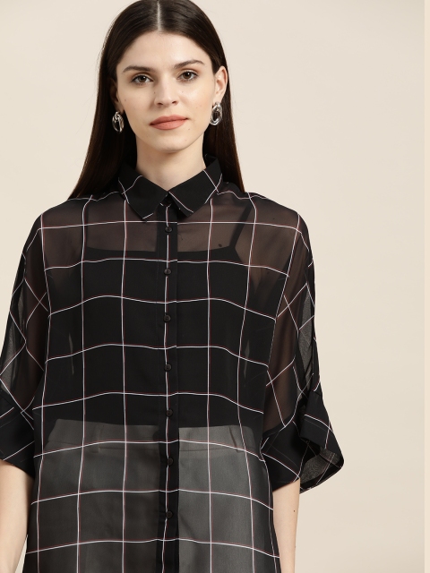 

her by invictus Women Black & White Regular Fit Checked Sheer Casual Shirt