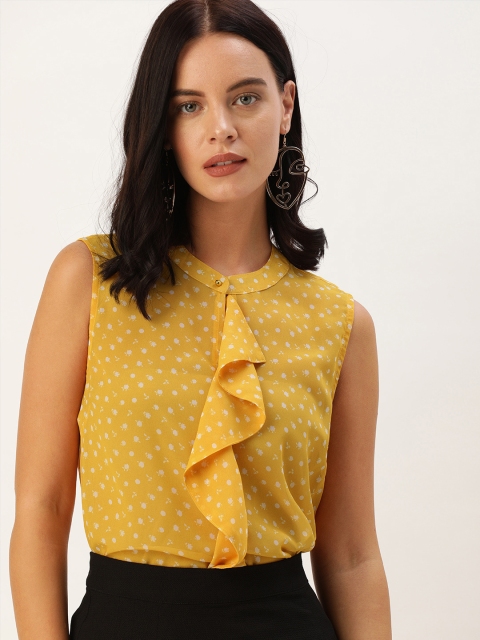 

her by invictus Women Mustard Yellow & White Printed Ruffled Sheer Top