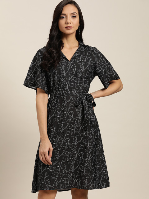 

her by invictus Women Black & White Floral Printed Shirt Dress