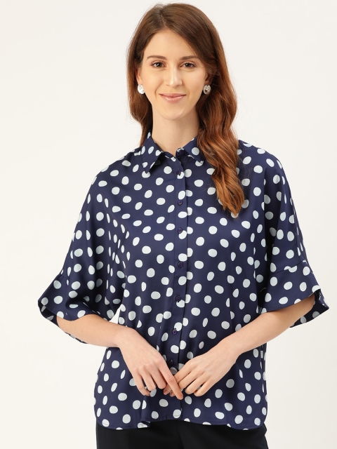 

her by invictus Women Blue Regular Fit Polka Dots Printed Casual Shirt