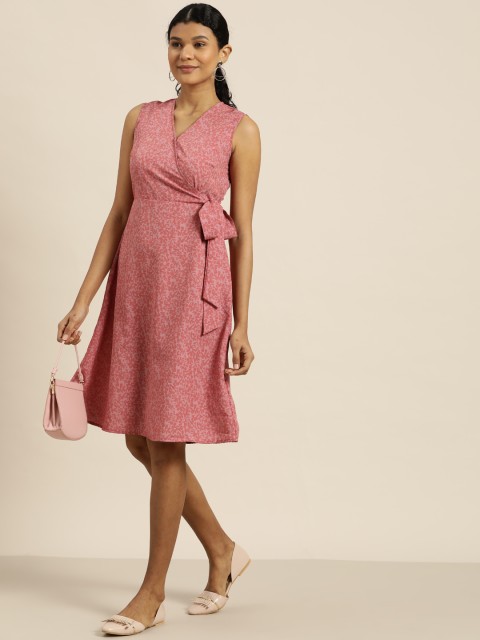 

her by invictus Women Pink Floral Printed Waist Tie-Up Wrap Dress