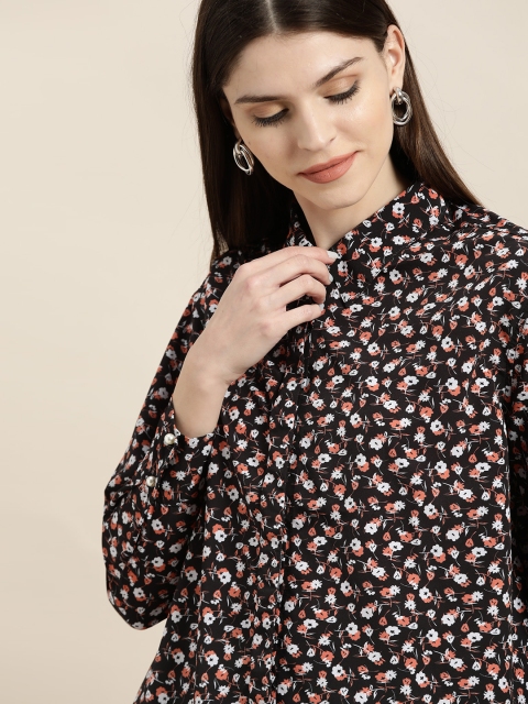 

her by invictus Women Black & Peach-Coloured Floral Print Casual Shirt