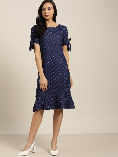 

her by invictus Women Navy Blue & White Printed A-Line Dress