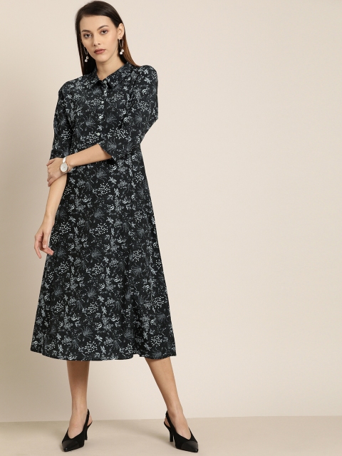 

her by invictus Women Black Floral Printed A-Line Dress