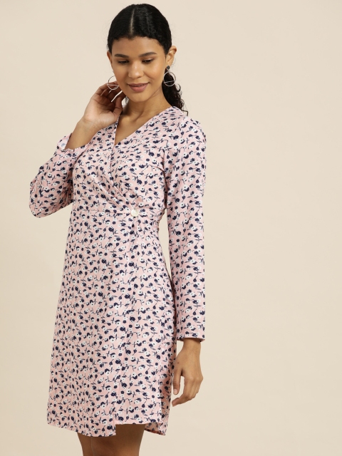 

her by invictus Women Pink & Navy Floral Print Wrap Dress