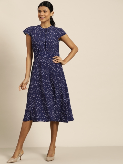 

her by invictus Women Navy Blue & White Floral Print A-Line Dress