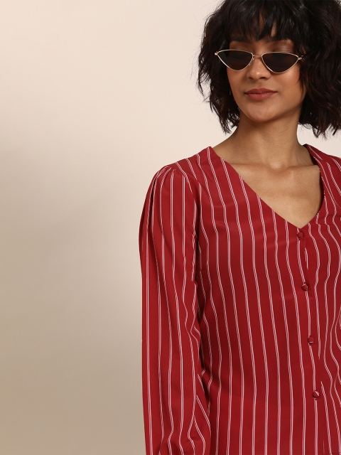 

her by invictus Women Red & White Striped Top with Back Tie-Up