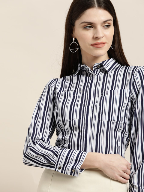 

her by invictus Women White & Navy Blue Striped Regular Fit Formal Shirt