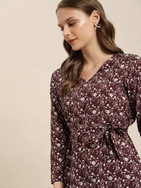 

her by invictus Women Burgundy & White Printed A-Line Dress