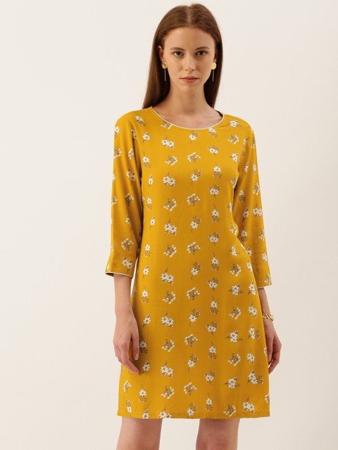 

her by invictus Women Mustard Yellow & White Floral Printed A-Line Dress