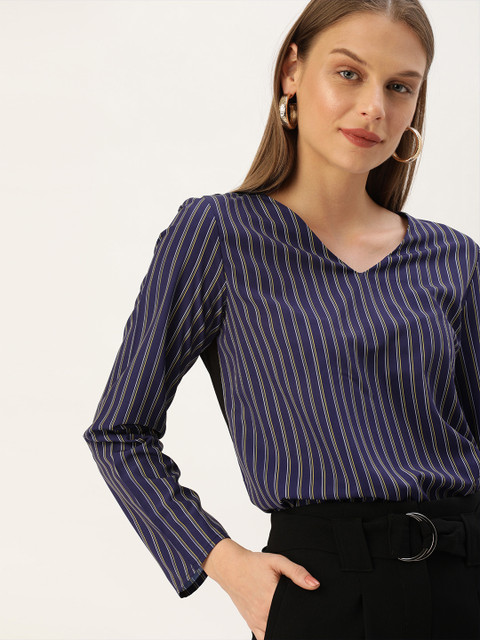 

her by invictus Women Navy Blue & White Striped Knitted & Woven Top