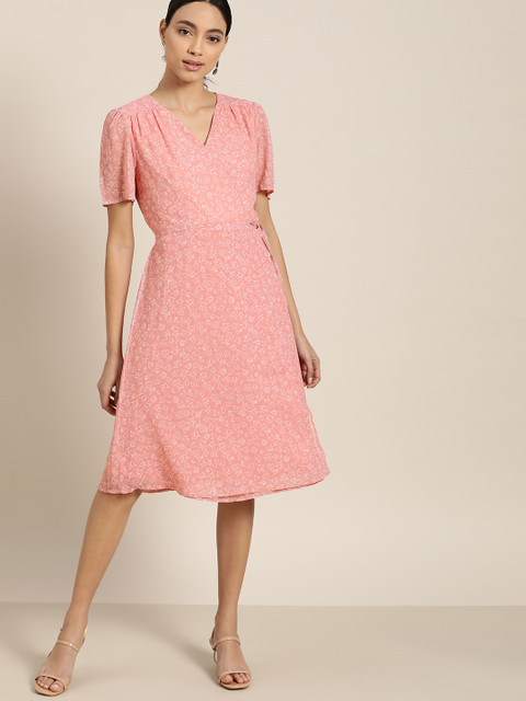 

her by invictus Women Peach-Coloured & Off-White Floral Print Wrap Dress