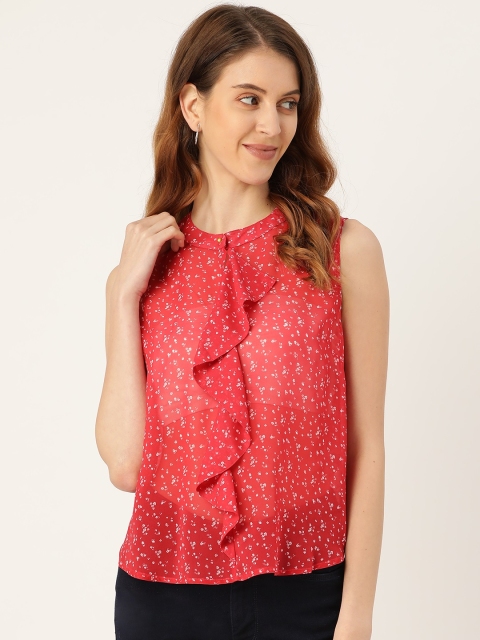 

her by invictus Women Red & White Ditsy Floral Print Semi Sheer Top