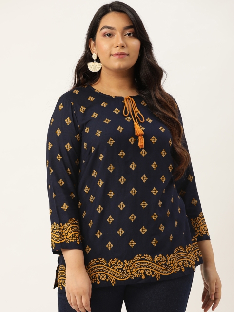 

Sztori Women Navy Blue & Mustard Yellow Plus Size Ethnic Print Kurti