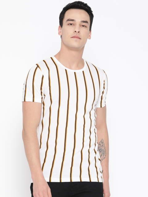 

Unisopent Designs Men White & Mustard Yellow Striped Round Neck T-shirt