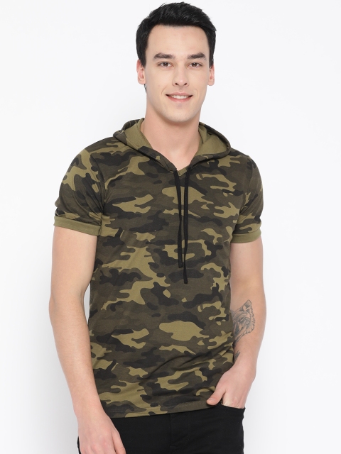 

Unisopent Designs Men Olive Green Camouflage Print Hooded T-shirt