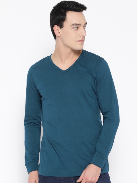 

Unisopent Designs Men Teal Blue Solid V-Neck T-shirt