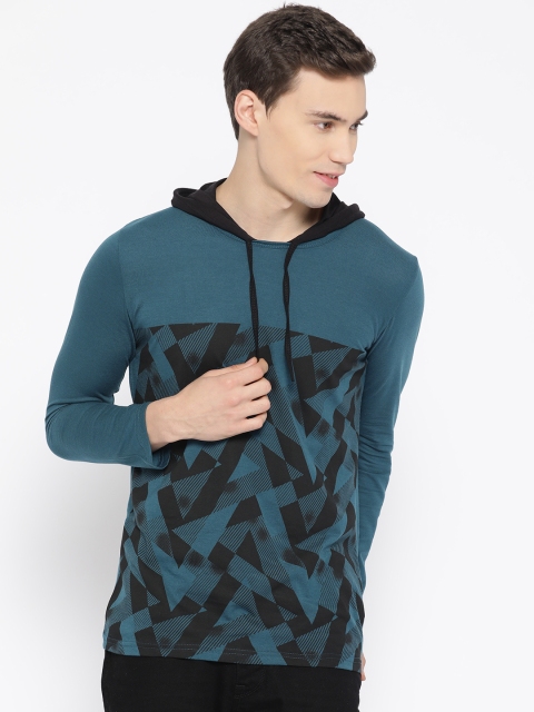 

Unisopent Designs Men Teal Blue & Black Printed Hood T-shirt