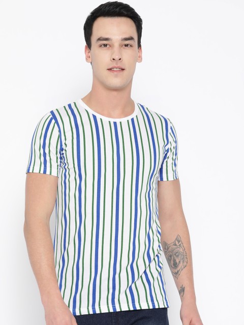 

Unisopent Designs Men White & Blue Striped Round Neck T-shirt