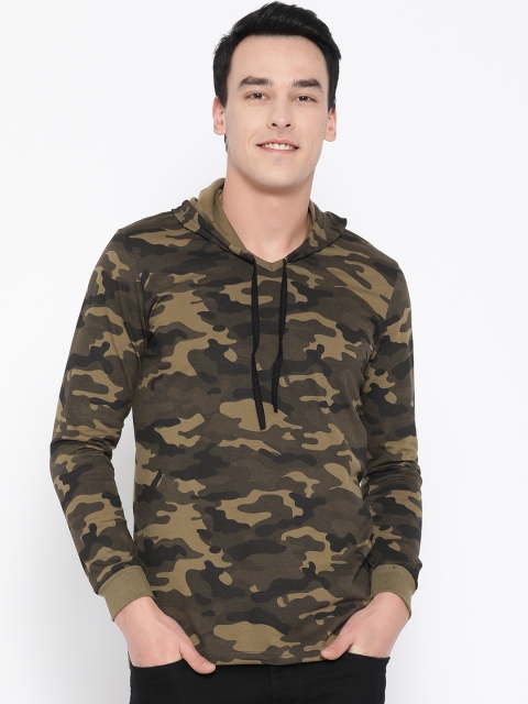 

Unisopent Designs Men Olive Green Camouflage Print Hooded T-shirt