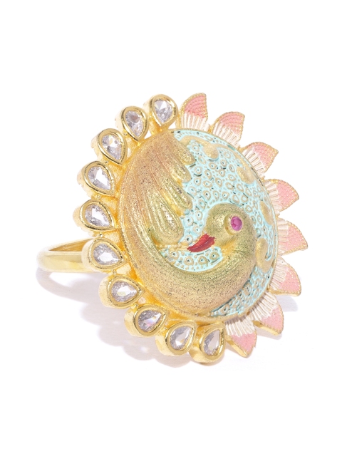 

Priyaasi Sea Green & Pink Gold-Plated Stone-Studded Hand Painted Adjustable Finger Ring