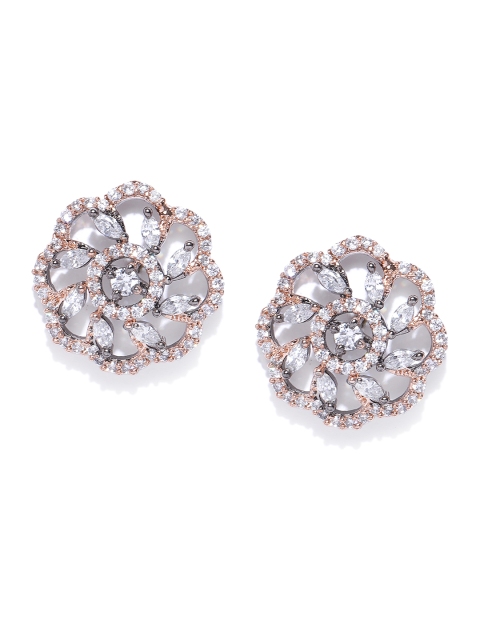 

Priyaasi Rose Gold-Toned Gunmetal Plated CZ Studded Handcrafted Floral Studs