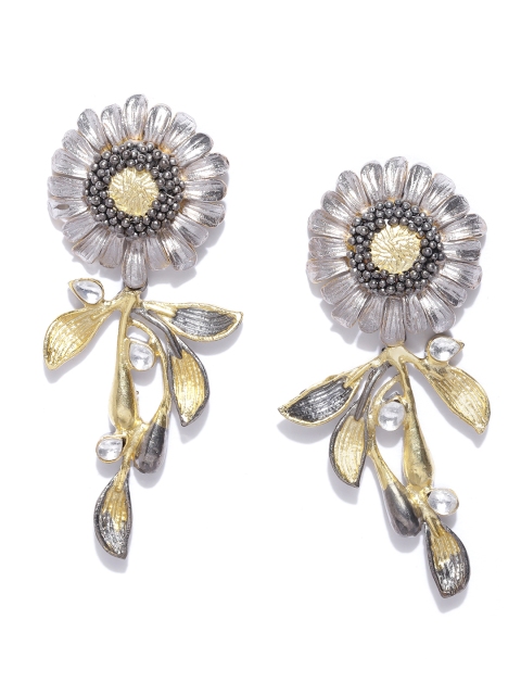 

Priyaasi Gold-Toned Silver-Plated Kundan Studded Hand Painted Floral Drop Earrings