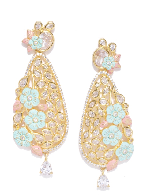 

Priyaasi Sea Green Gold-Plated Stone Studded Hand Painted Teardrop Shaped Drop Earrings