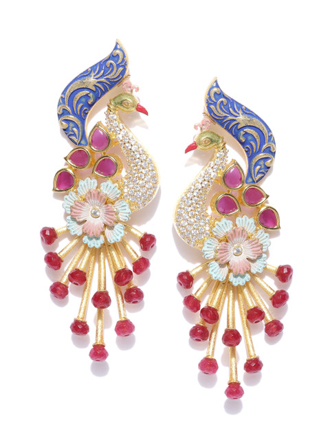 

Priyaasi Maroon & Blue Gold-Plated Stone-Studded Handpainted Peacock Shaped Drop Earrings
