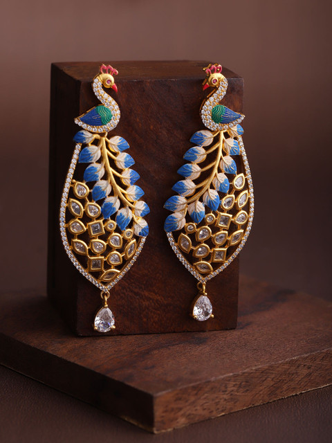 

Priyaasi Blue Gold-Plated CZ Studded Peacock Shaped Drop Earrings