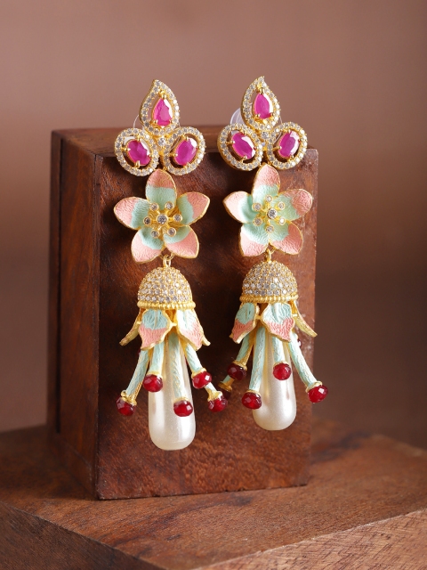 

Priyaasi Pink & Sea Green Gold-Plated Stone Studded Hand Painted Drop Earrings