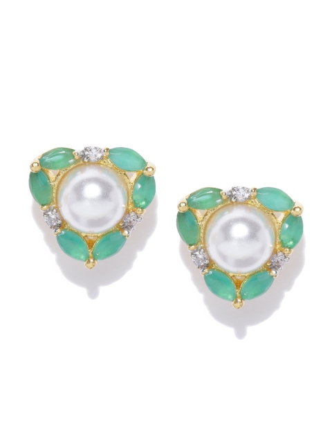 

Priyaasi Green & White Gold-Plated Stone-Studded Handcrafted Triangular Studs