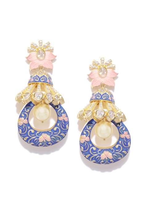

Priyaasi Blue & Pink Gold-Plated Teardrop-Shaped Stone-Studded Meenakari Drop Earrings
