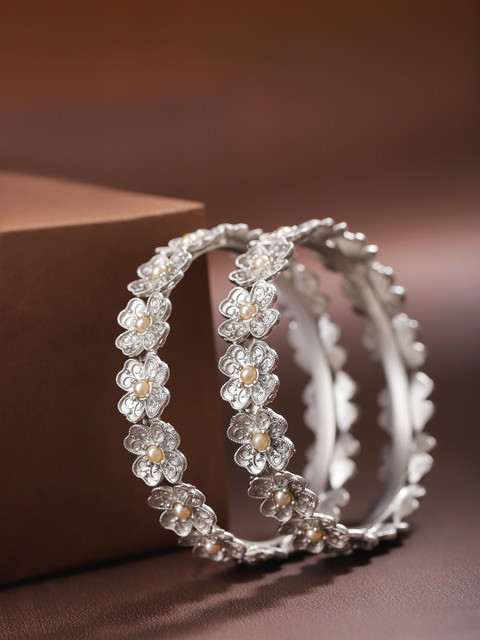 

Priyaasi Set of 2 Off-White Silver-Plated Beaded Handcrafted Bangles