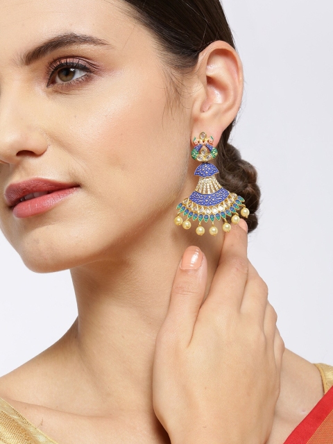 

Priyaasi Navy & Green Gold-Plated Peacock-Shaped Stone-Studded Meenakari Drop Earrings