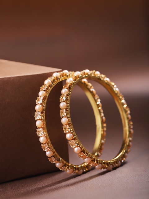 

Priyaasi Set of 2 Off-White Gold-Plated Stone-Studded Beaded Handcrafted Bangles